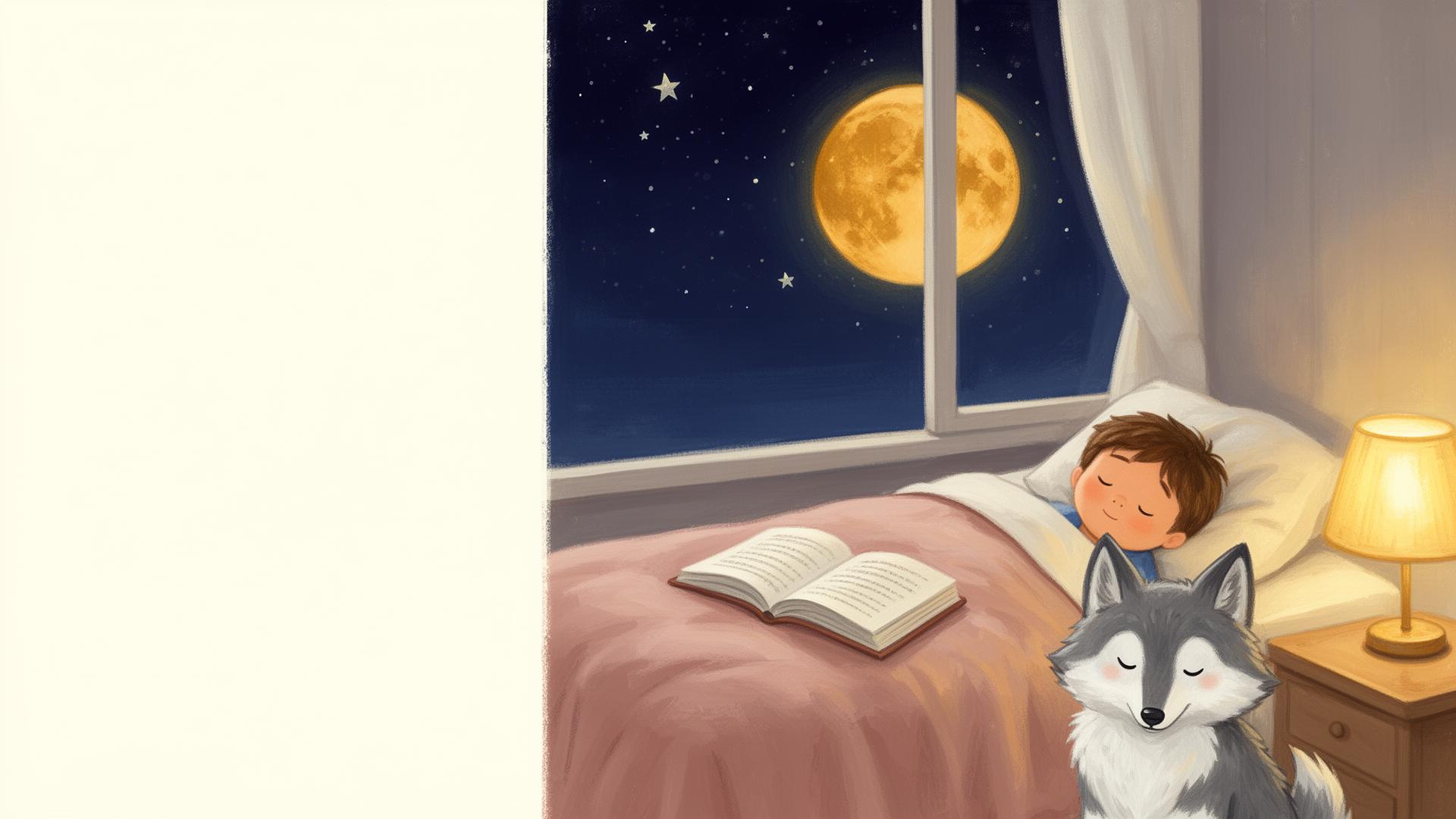 A child asleep with a storybook, moonlight through the window