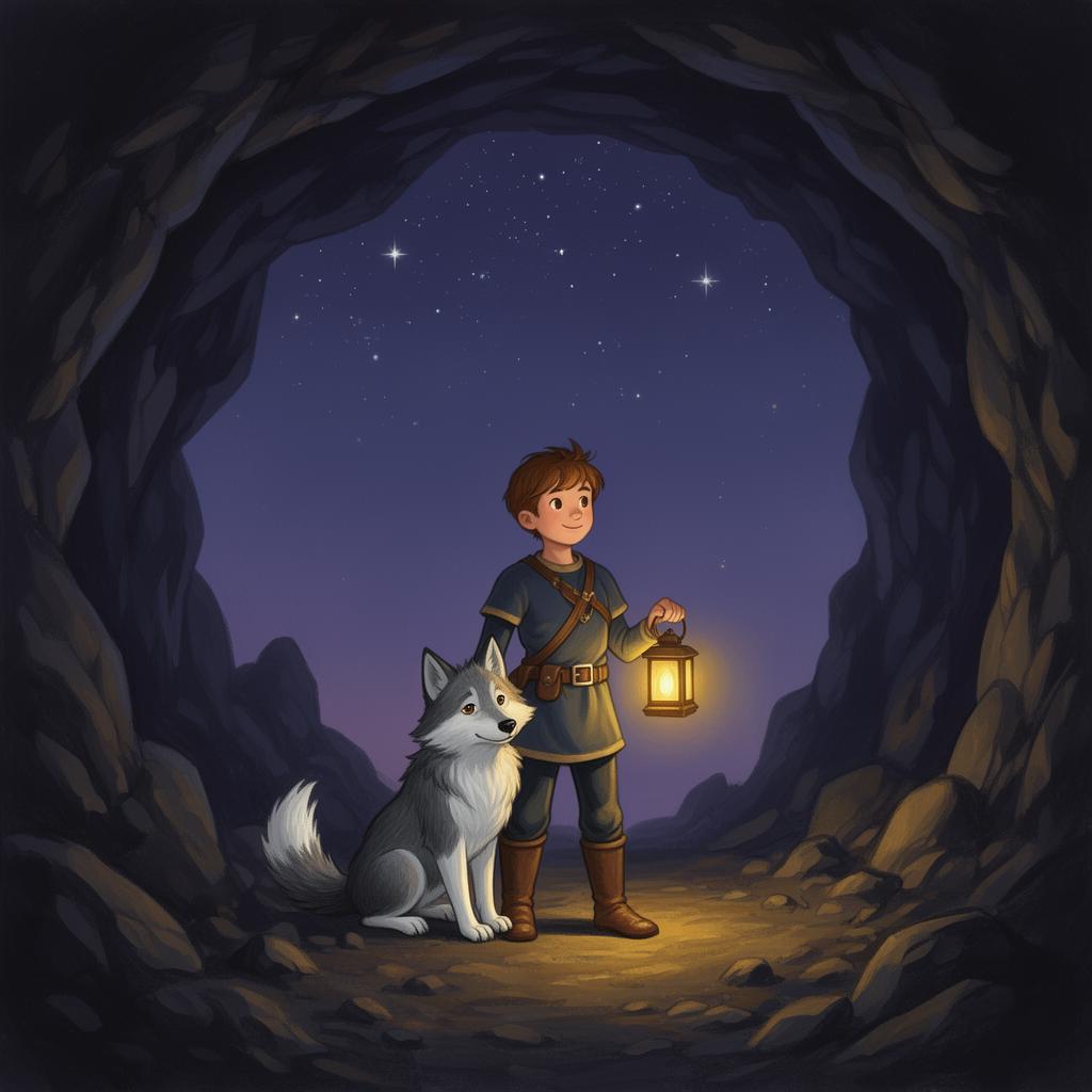 A young hero with a wolf at the mouth of a cave, holding a lantern